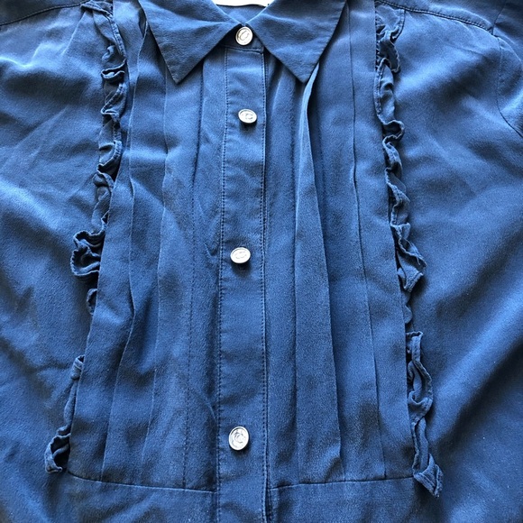 Coach Silk Ruffle Tuxedo Button Down Shirt in Navy Size 8 - Picture 7 of 13